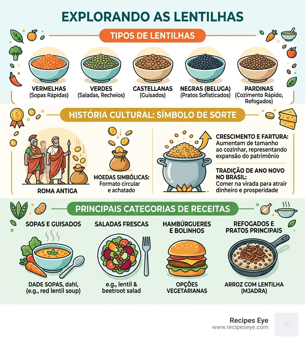 infographic showing lentil types, cultural history of luck symbolism, and top recipe categories - Receitas com lentilhas