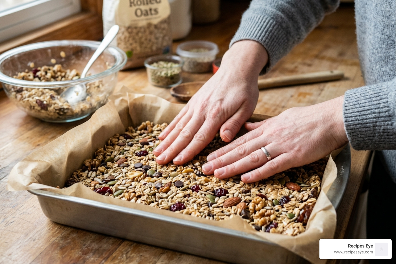 Preparação manual da massa de barras energéticas na forma - barras energéticas caseiras