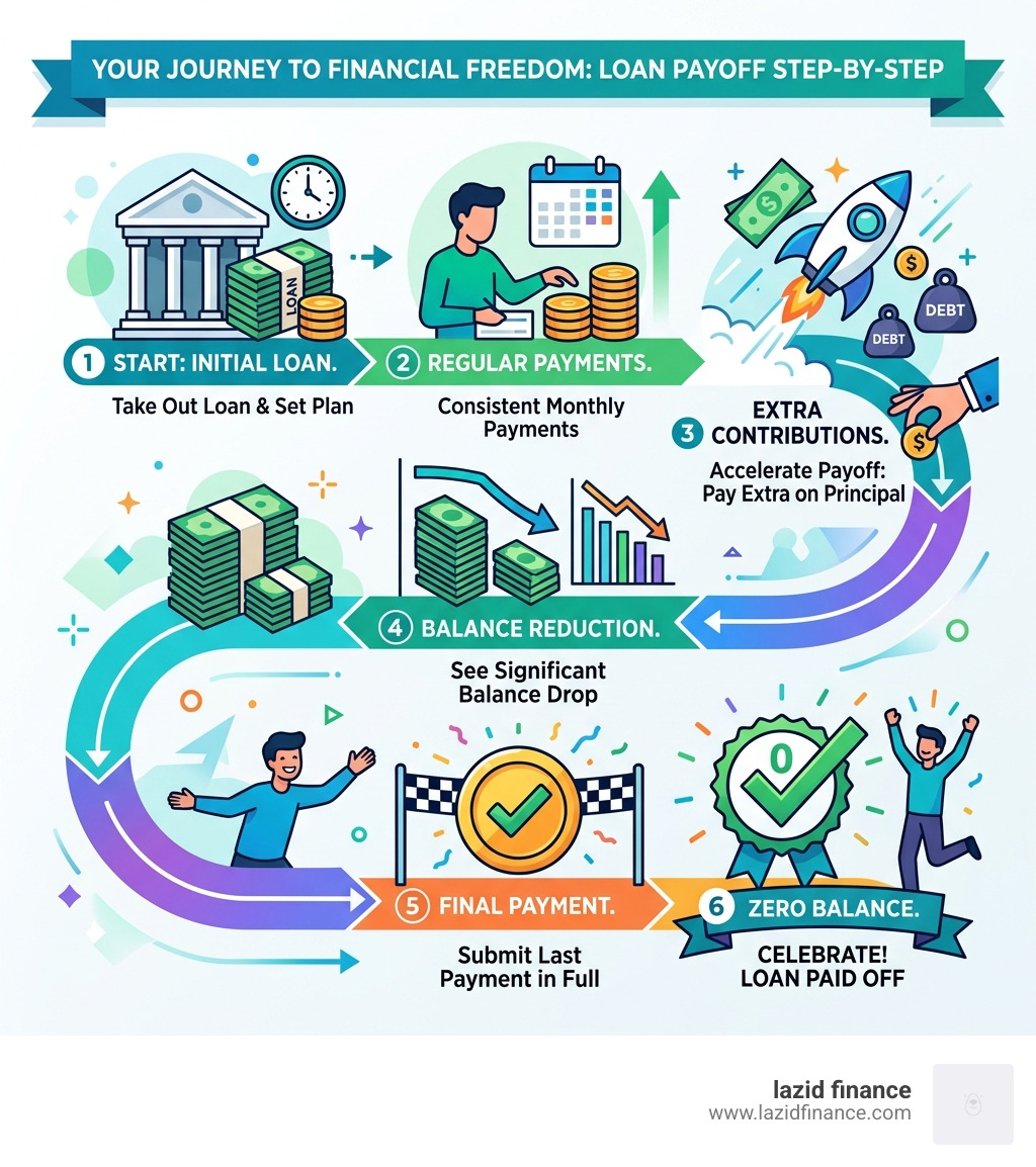 Step-by-step infographic showing the loan payoff journey from first payment to zero balance - pay off the loan infographic 