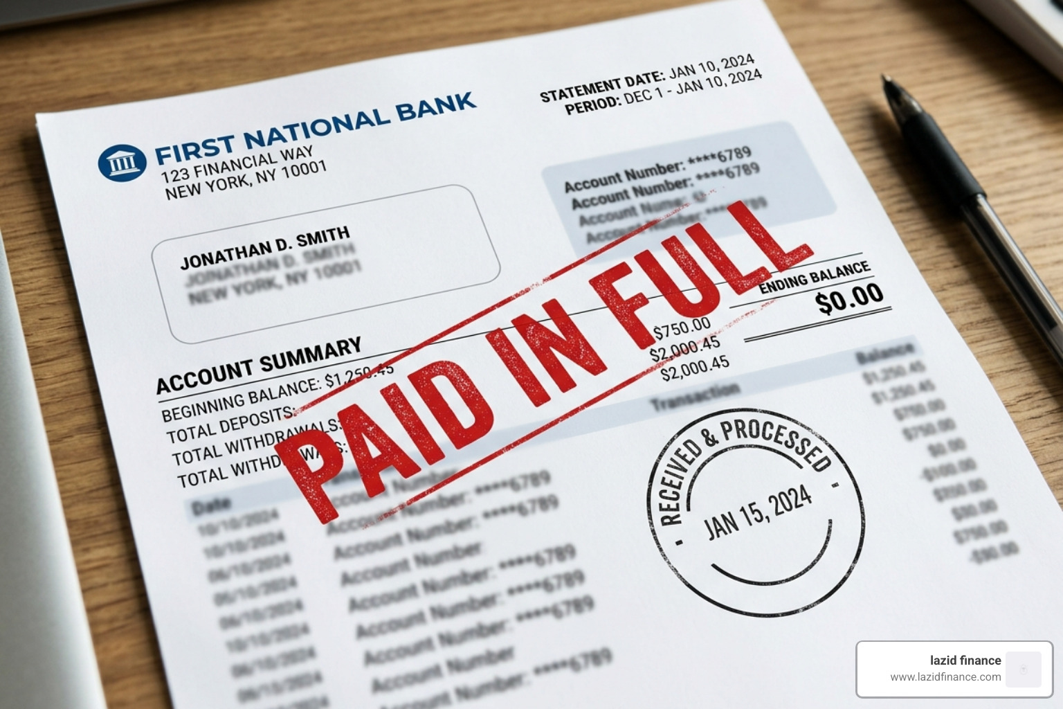 A final bank statement showing a zero balance and a "Paid in Full" stamp - pay off the loan