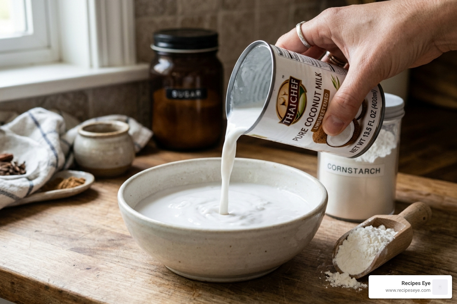 coconut milk and cornstarch ready for preparation - manjar sem lactose branco