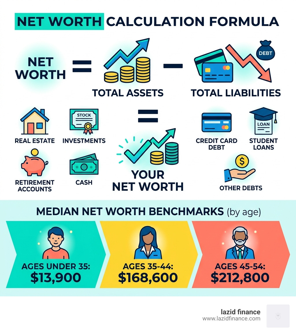 Net worth calculation formula showing assets minus liabilities with age benchmarks - net worth tracker infographic 