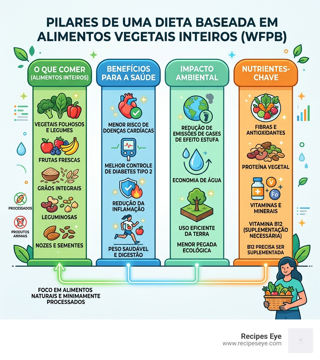 infographic showing pillars of whole-food plant-based diet: foods to eat, health benefits, environment, key nutrients