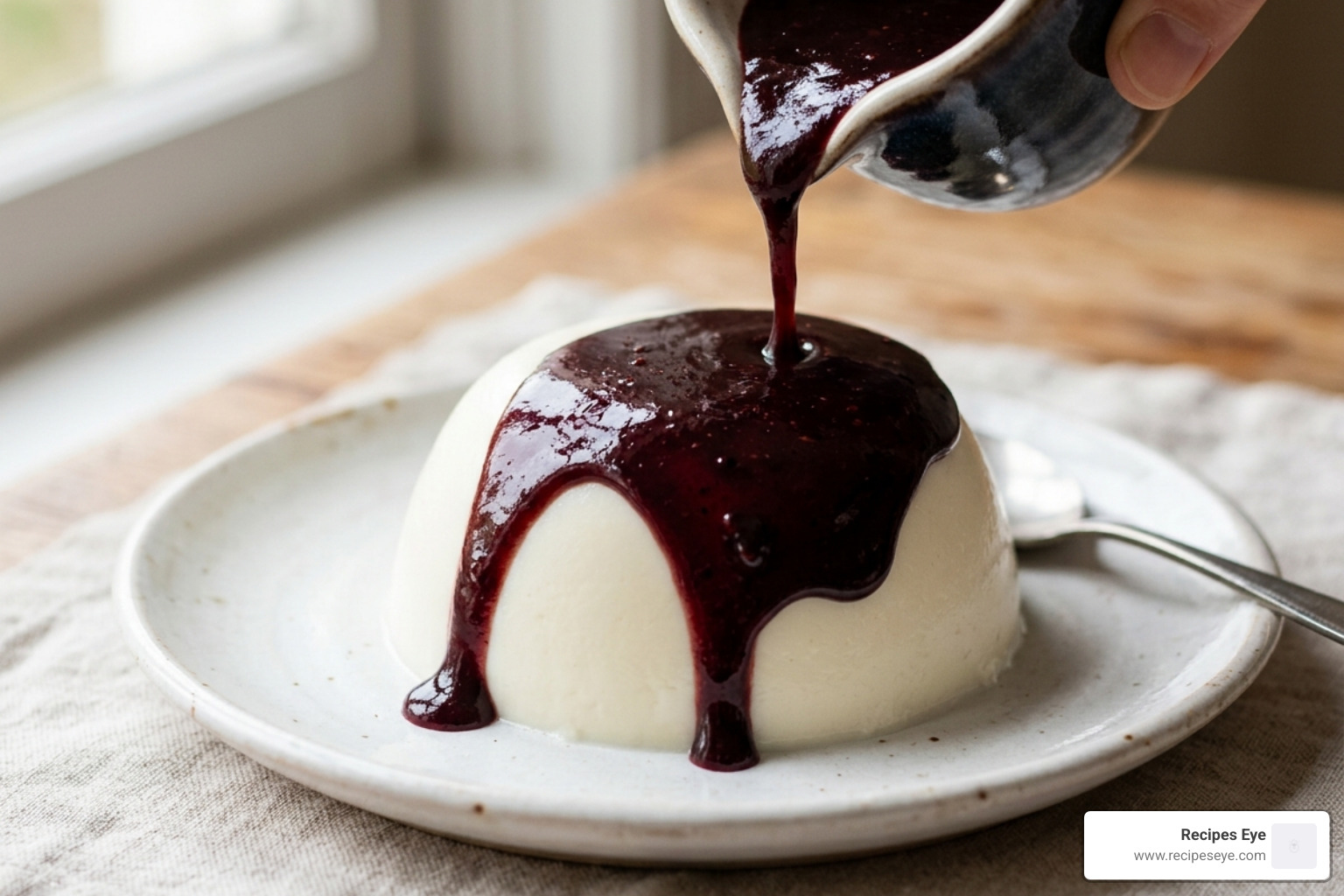 dark plum sauce being poured over a white manjar - manjar sem lactose branco