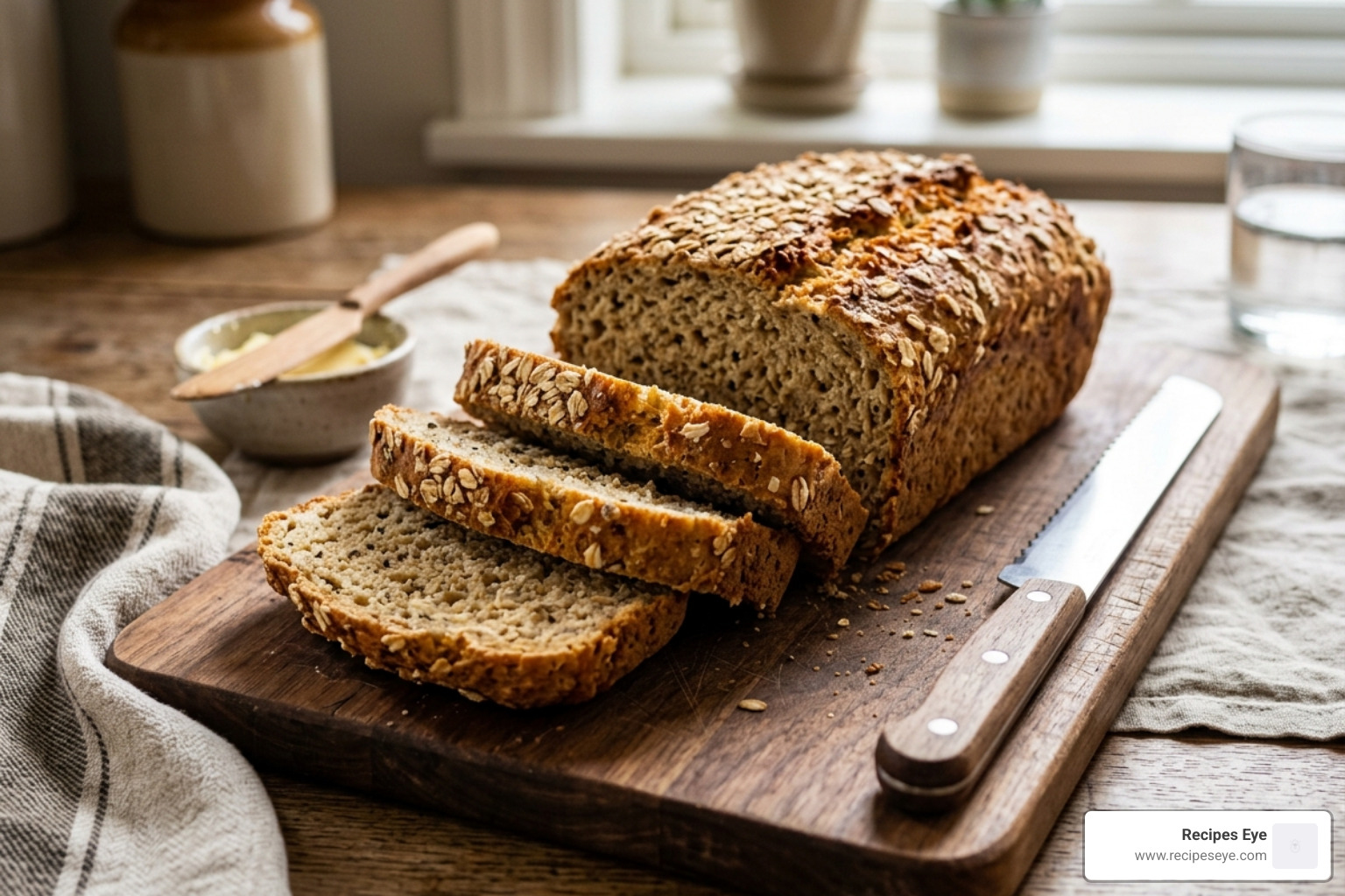 Homemade gluten-free oat bread, golden brown and sliced on a wooden board - receitas sem glúten saudáveis