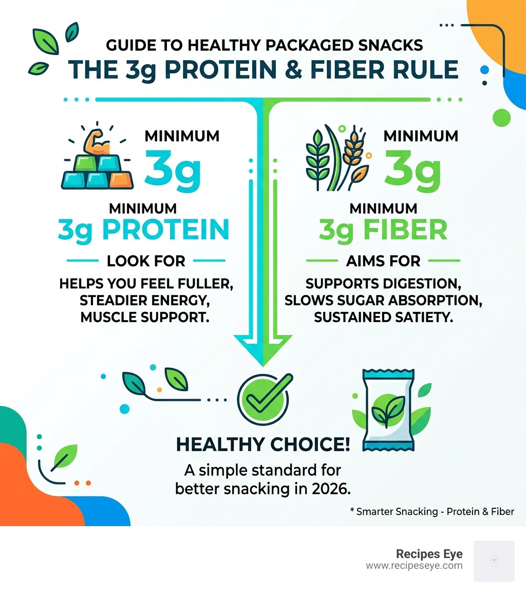 Infographic showing the 3g protein and fiber rule for choosing healthy packaged snacks - healthy snacks to buy infographic 