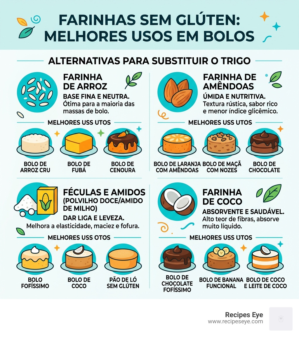 Infographic showing gluten-free flour alternatives and their best uses in cakes - bolo gluten free receitas infographic 
