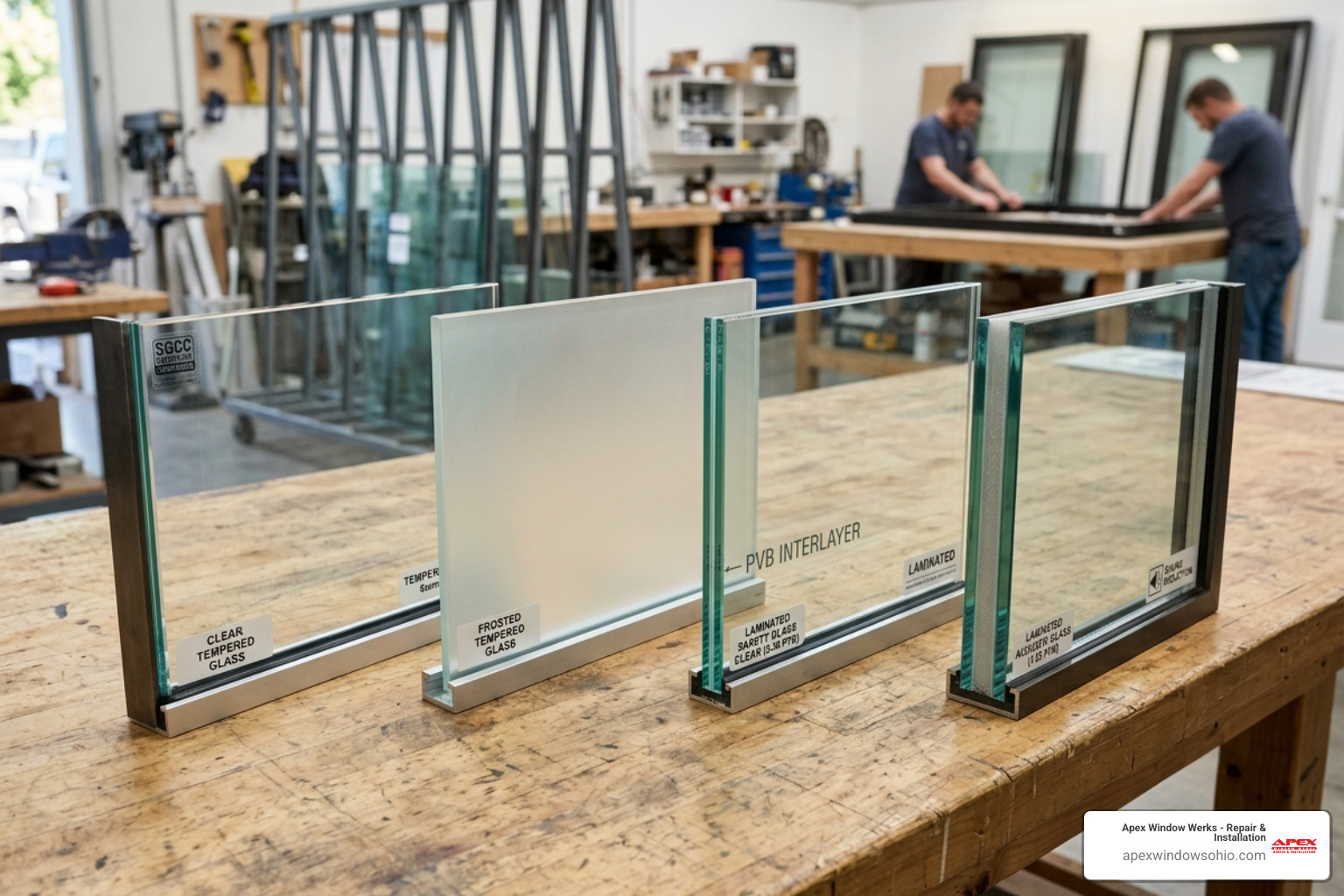 Different glass samples including tempered and laminated options for commercial doors - commercial door glass repair