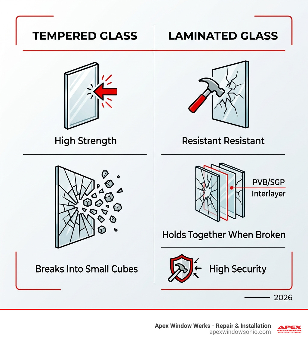 Table comparing tempered vs laminated glass security features: Tempered - high strength, breaks into small cubes; Laminated