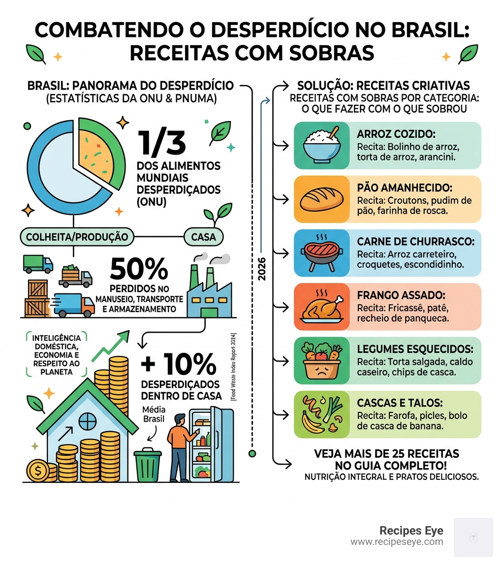infographic showing Brazil food waste statistics and top leftover recipes by category - Receitas com sobras infographic 