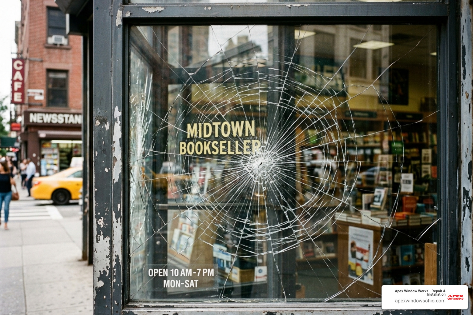 Close-up of a cracked storefront window pane with spiderweb patterns - commercial door glass repair
