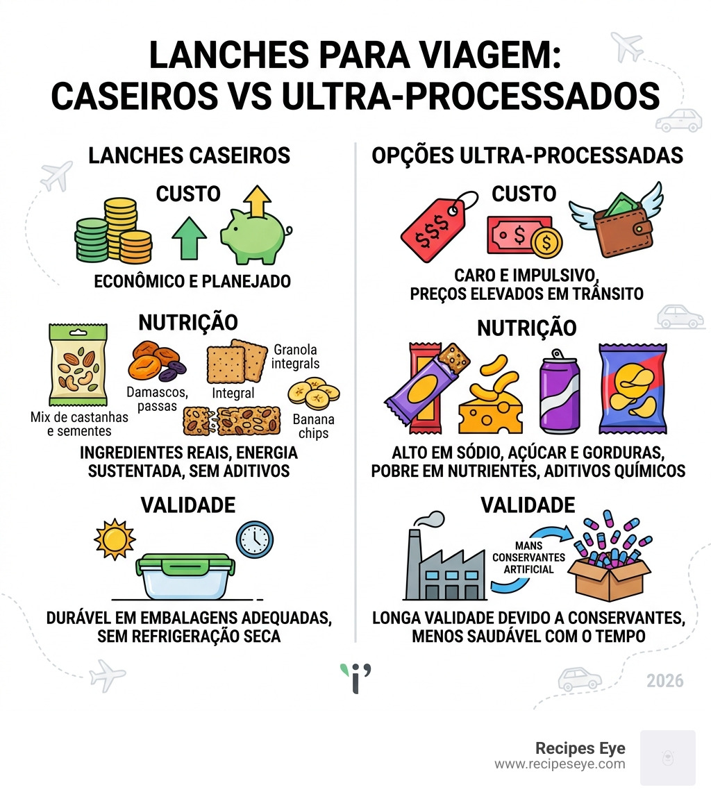infographic showing homemade snacks vs ultra-processed options for travel: cost, nutrition, and shelf life - lanches