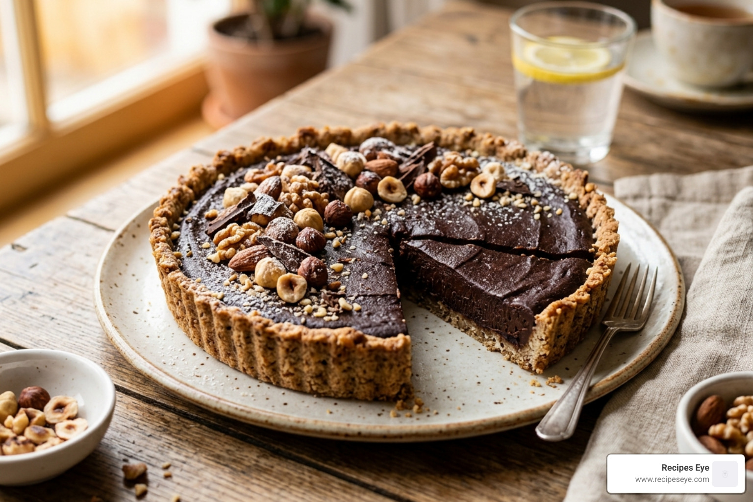 Gluten-free chocolate and nut tart with a dark, rich filling and almond crust - receitas sem glúten saudáveis
