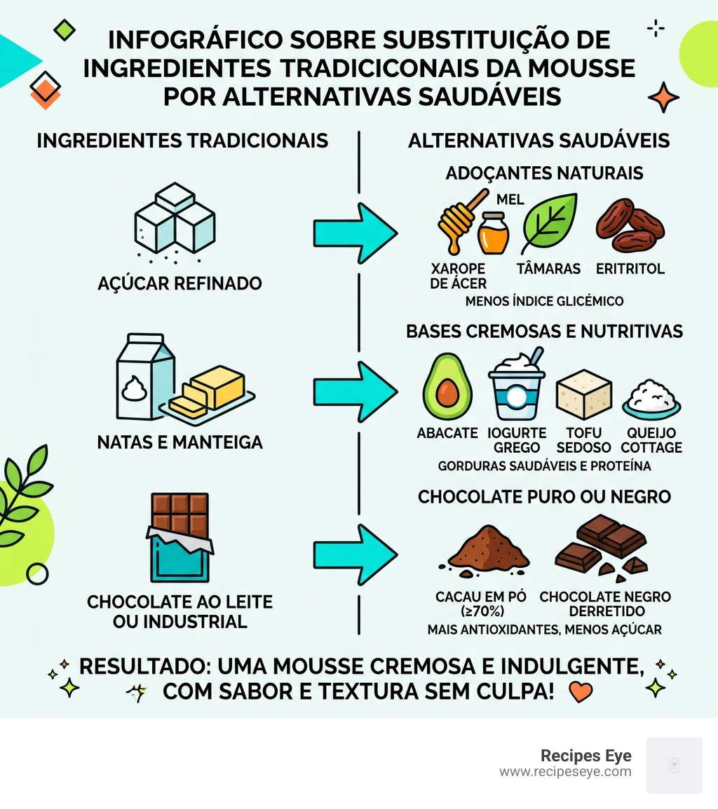 Infográfico sobre substituição de ingredientes tradicionais da mousse por alternativas saudáveis - Mousse chocolate saudável