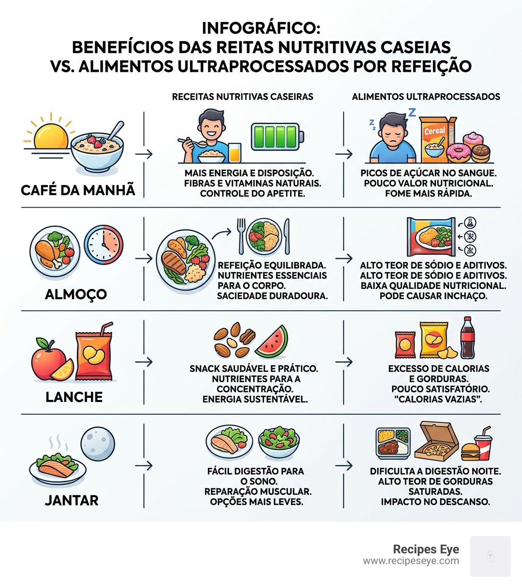 Infográfico: benefícios das receitas nutritivas caseiras vs. alimentos ultraprocessados por refeição - receitas nutritivas