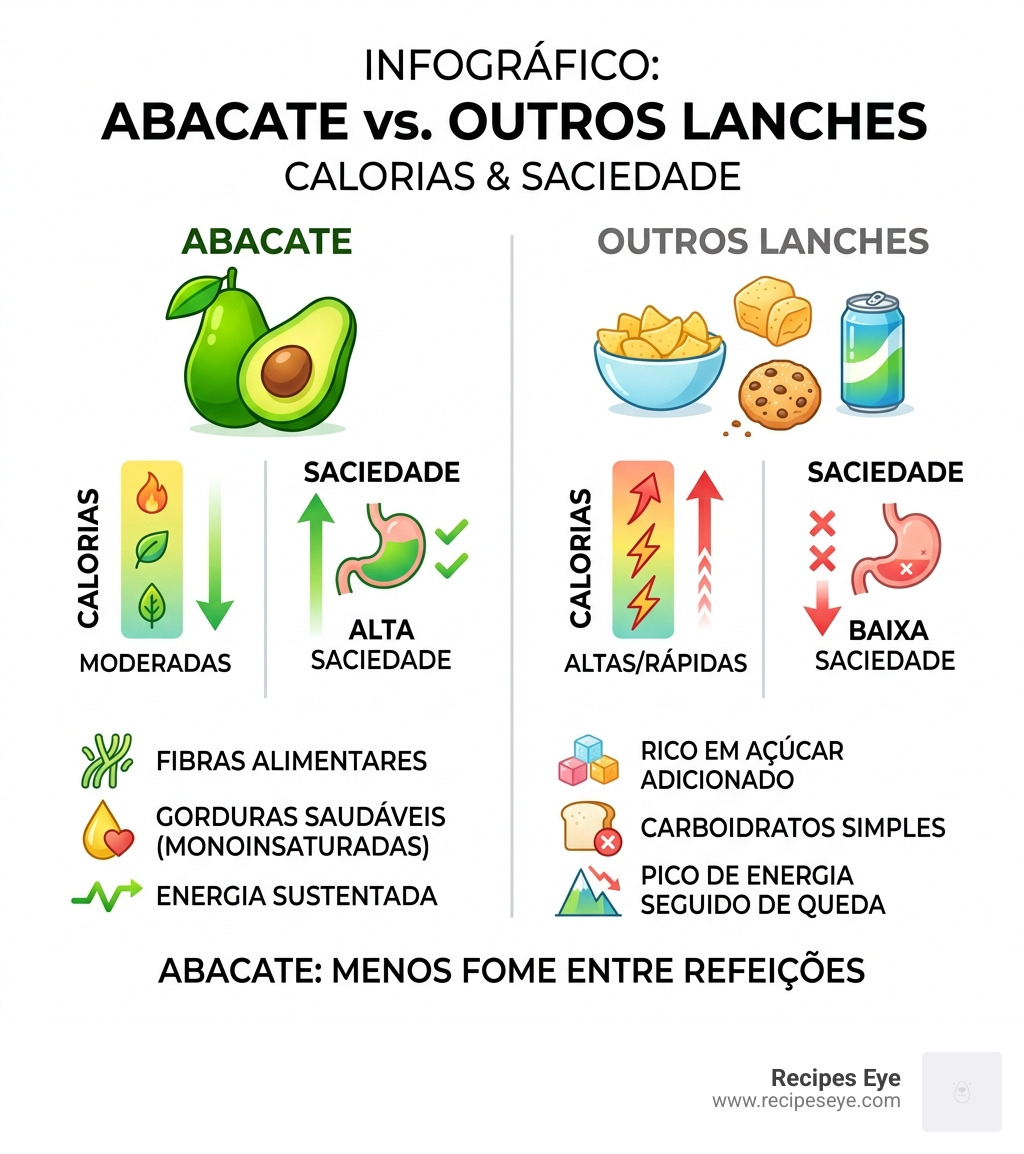 infográfico comparando calorias e saciedade do abacate vs. outros lanches - receitas com abacate infographic 