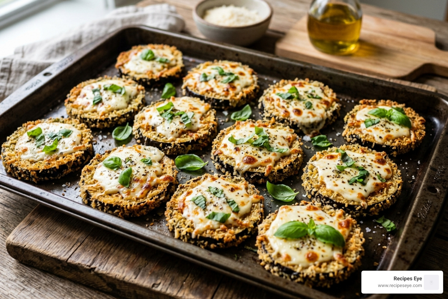Fatias de berinjela douradas com queijo derretido e manjericão fresco - fim de semana lanches leves