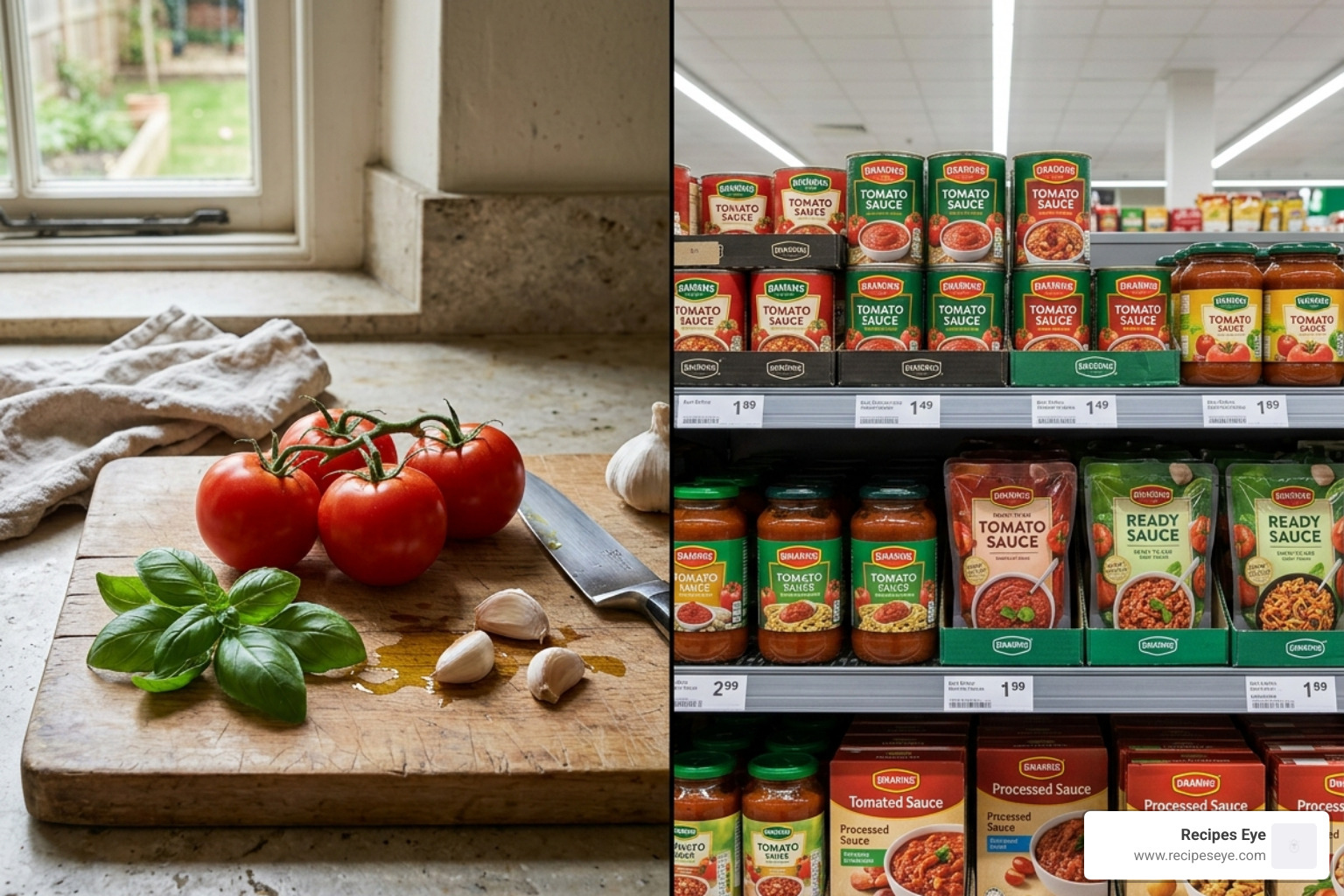 comparison of fresh ingredients like tomatoes and basil vs industrial canned sauces and packages - Alimentação saudável dicas
