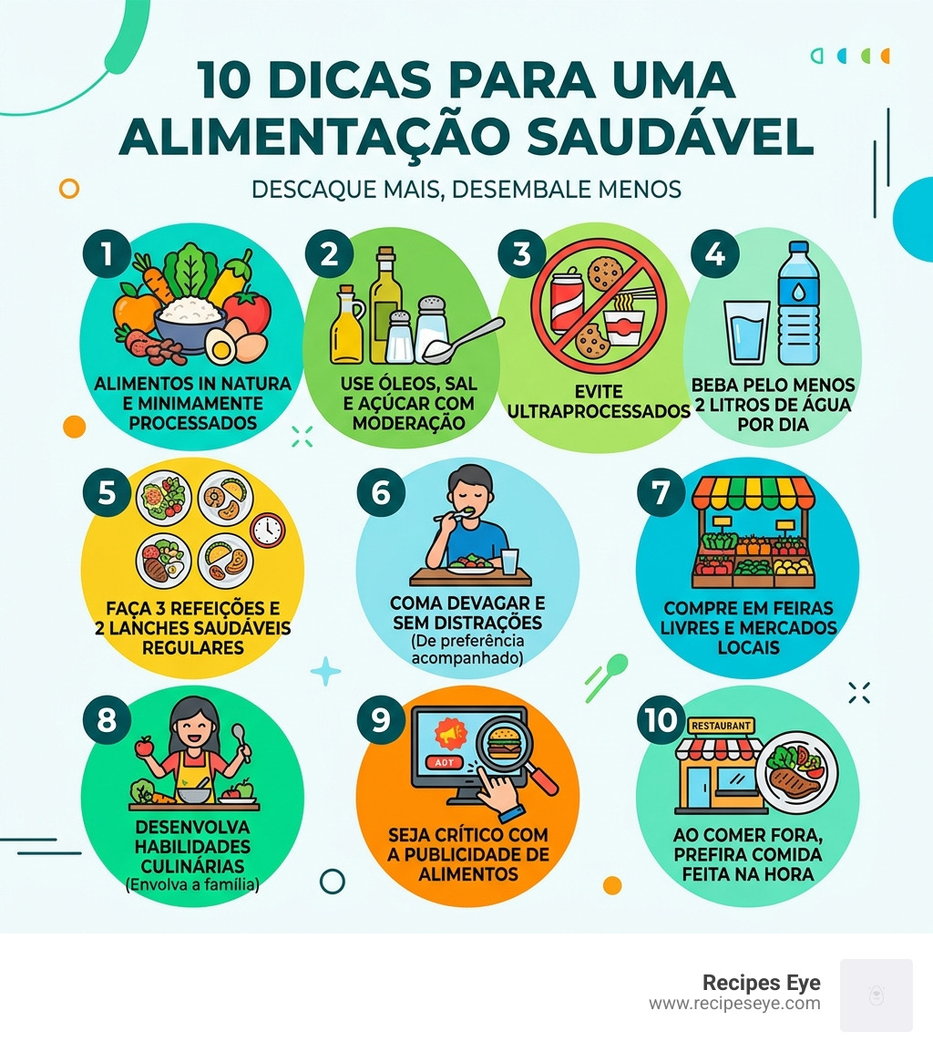 infographic showing 10 key healthy eating tips with icons for water, fruits, vegetables, and no ultraprocessed foods