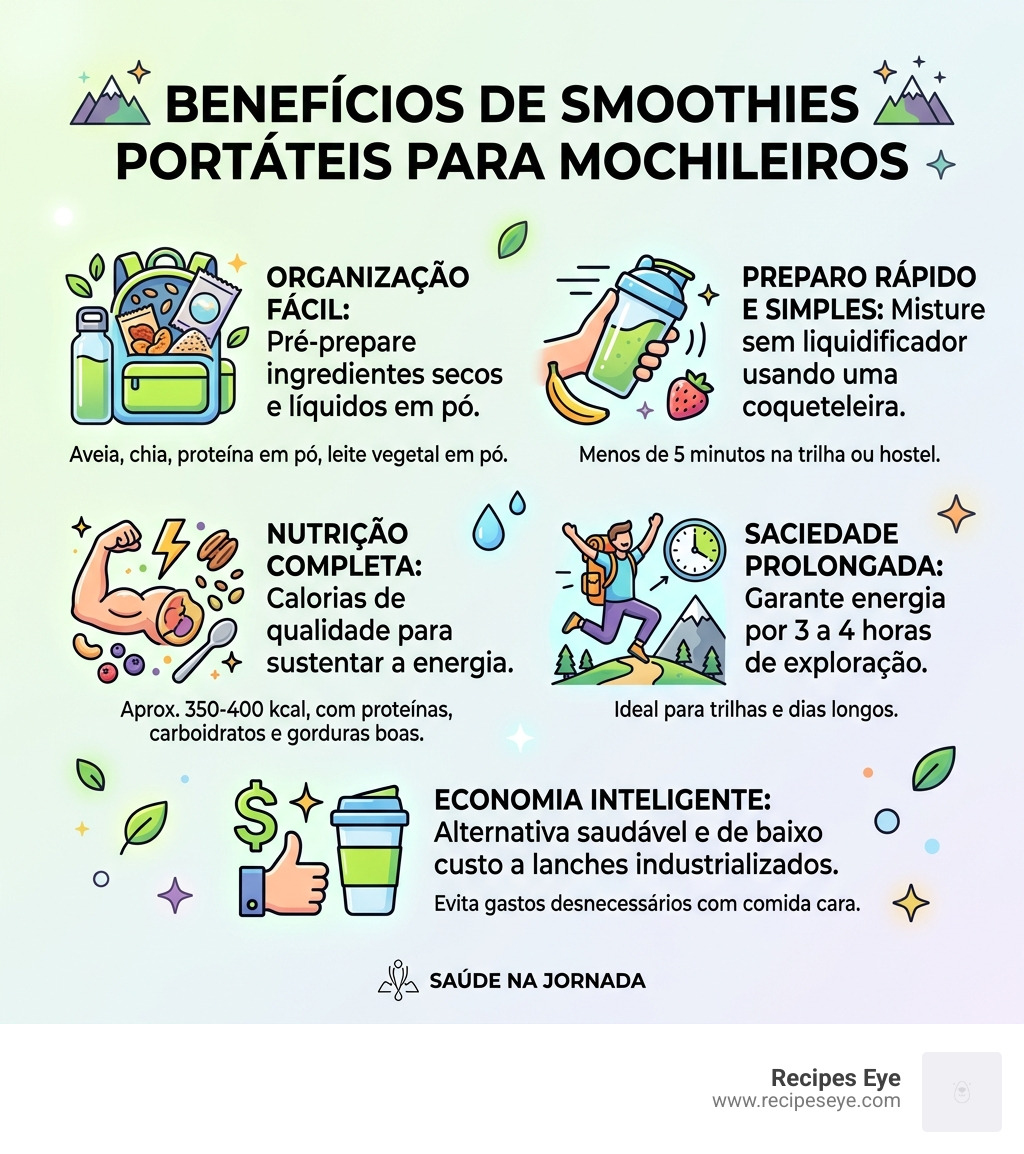 Infographic showing benefits of portable smoothies for backpack travelers - smoothies viagem mochila saudável infographic 