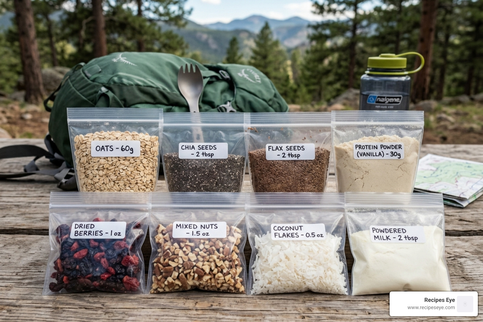Dry ingredients like oats, chia, and protein powder organized in travel pouches - smoothies viagem mochila saudável