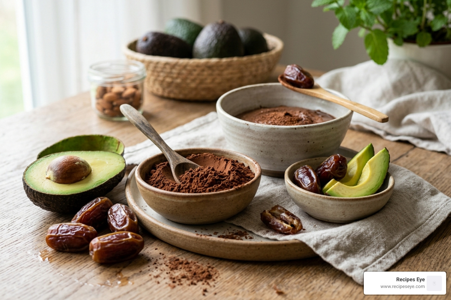 Ingredientes naturais como abacate, tâmaras e cacau puro - Mousse chocolate saudável