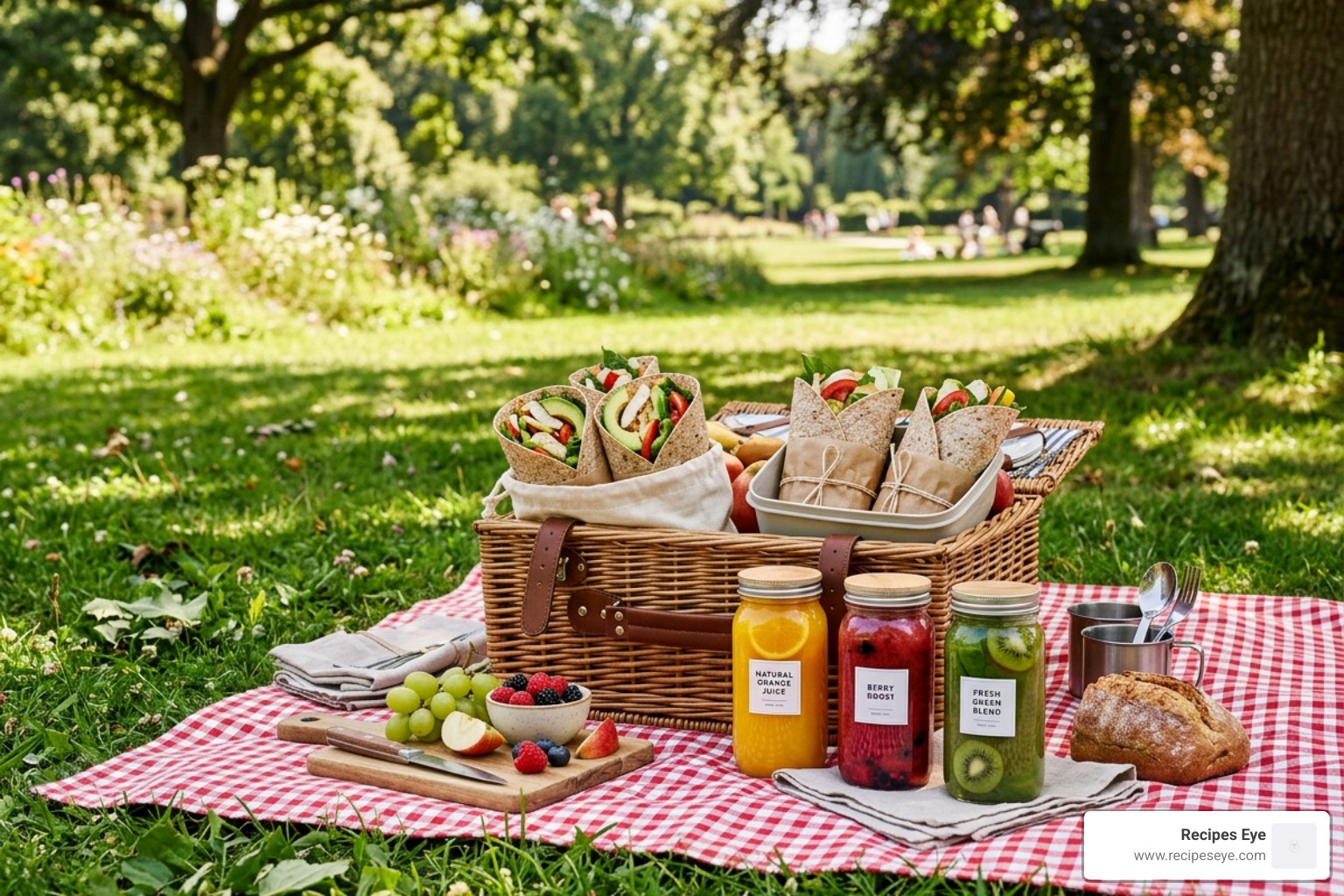Cesta de piquenique com wraps integrais e sucos naturais em potes de vidro - fim de semana lanches leves