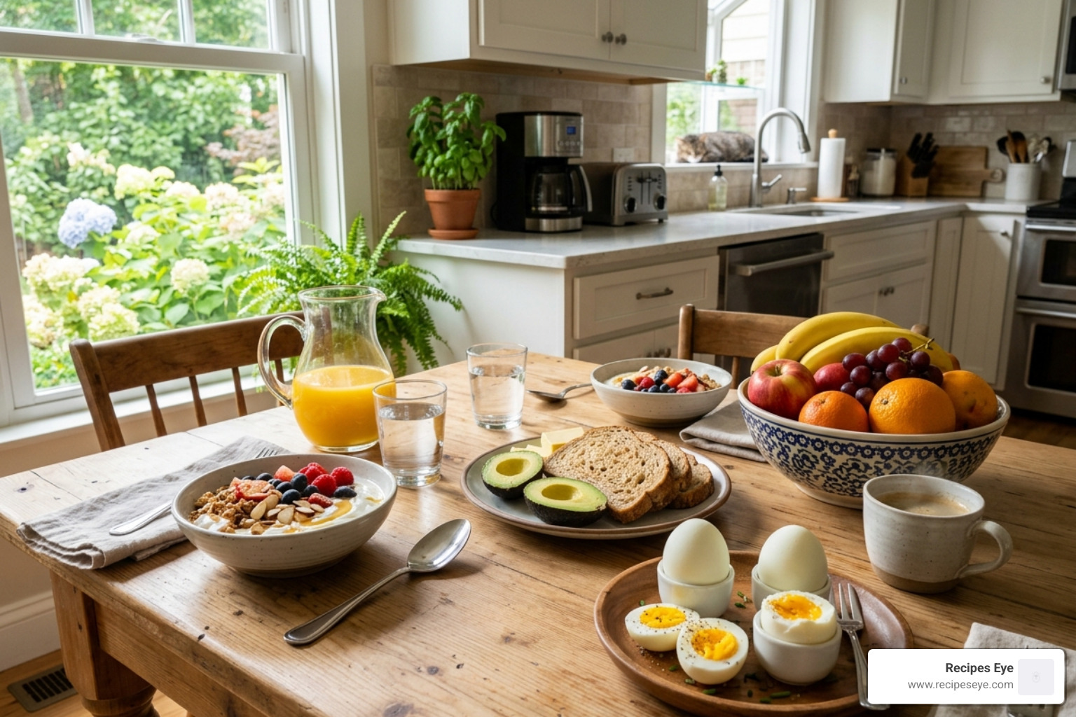 mesa de café da manhã saudável com frutas, iogurte e ovos - receitas rápidas e saudáveis