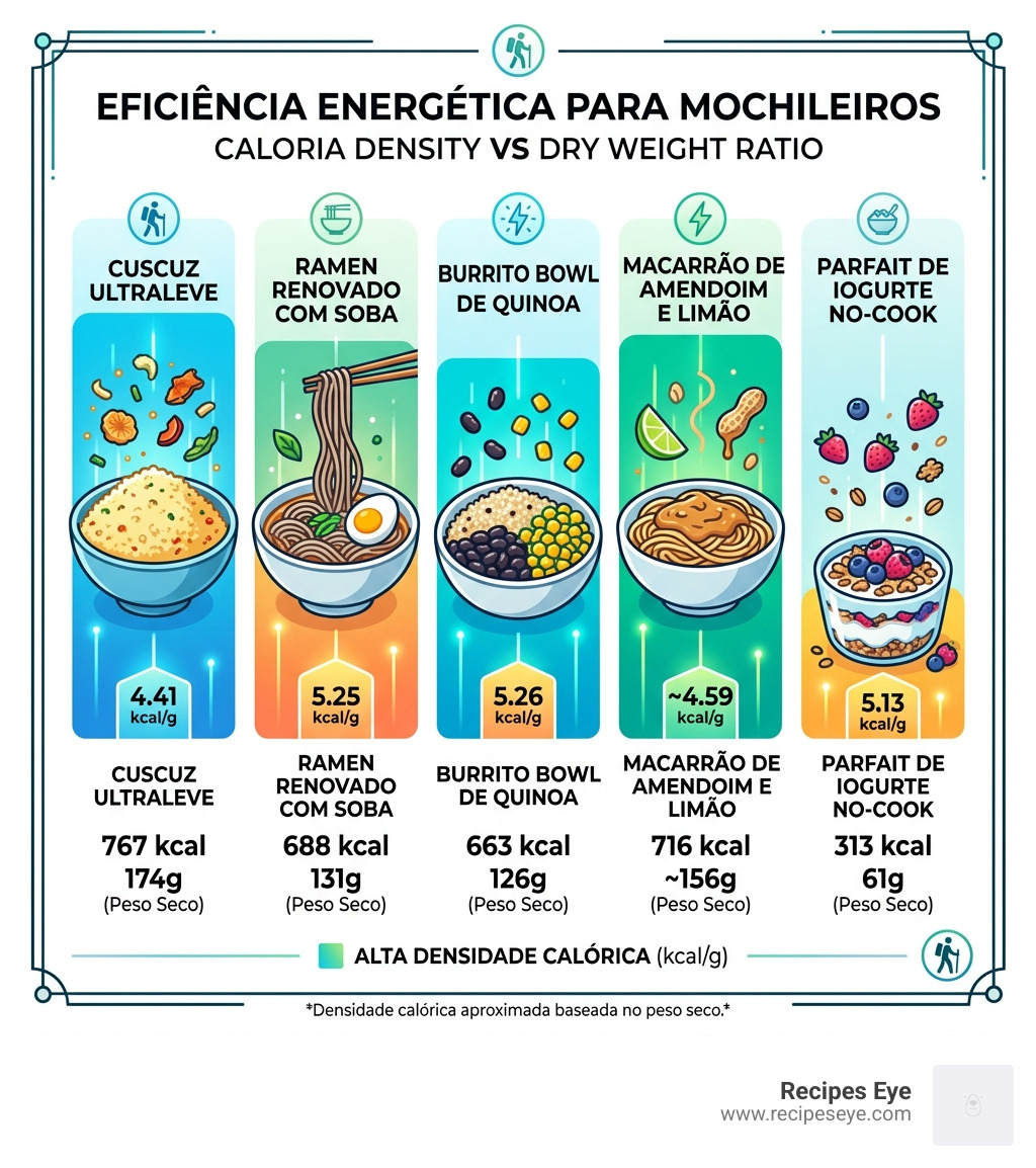 Infographic showing calorie density vs weight ratio for top 5 backpacker meals - pratos saudáveis para backpackers