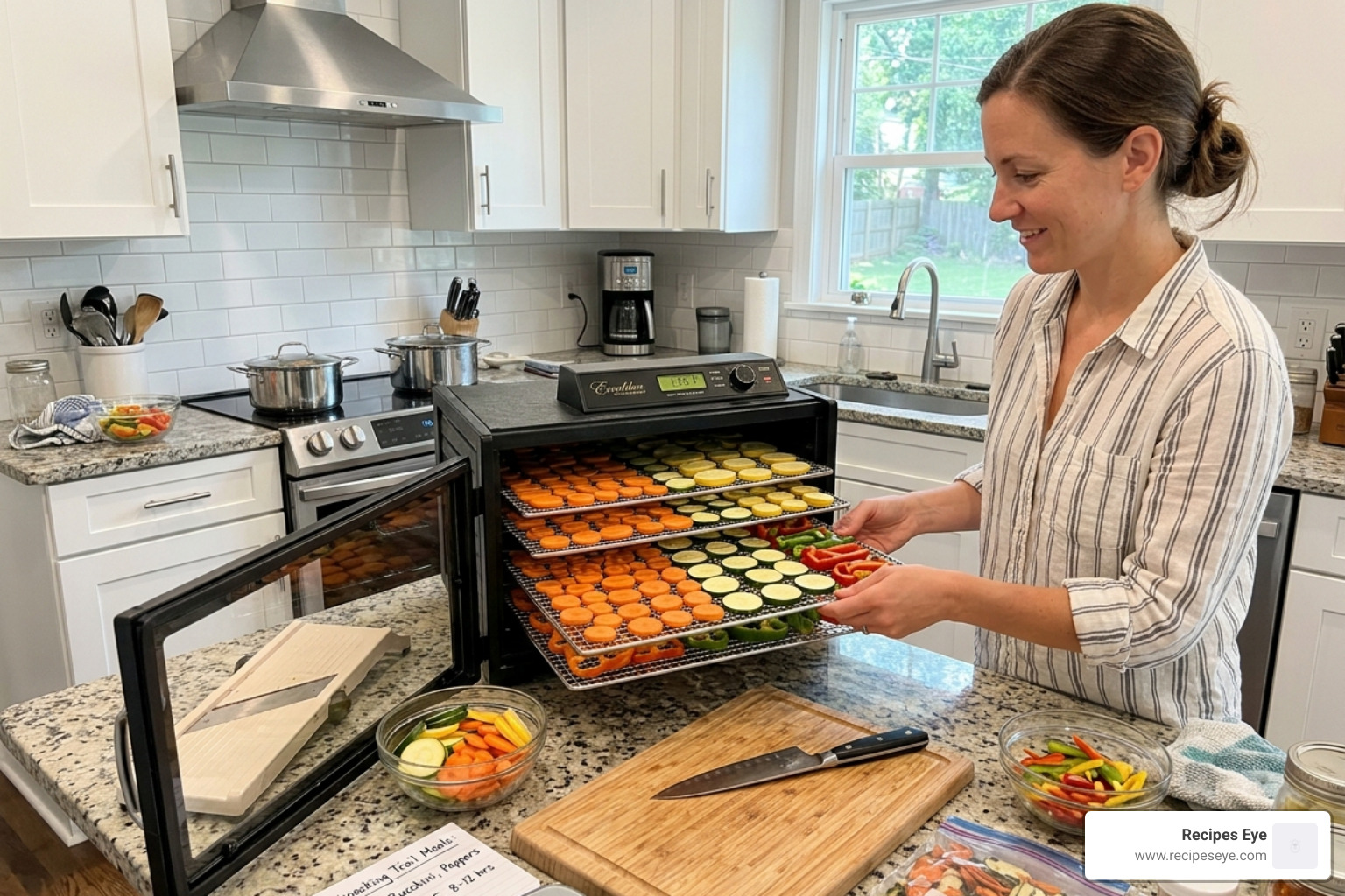 Desidratador de alimentos com vegetais sendo preparados para a trilha - pratos saudáveis para backpackers