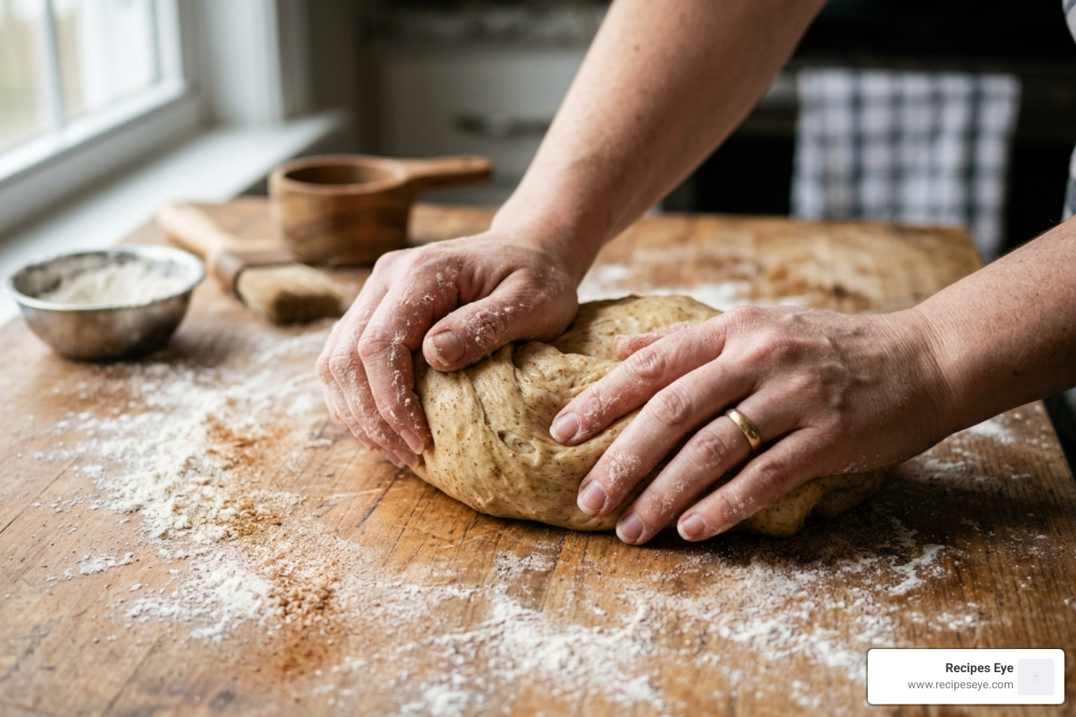 massa de bolo rei a ser sovada à mão em superfície enfarinhada - a melhor receita de bolo rei caseiro
