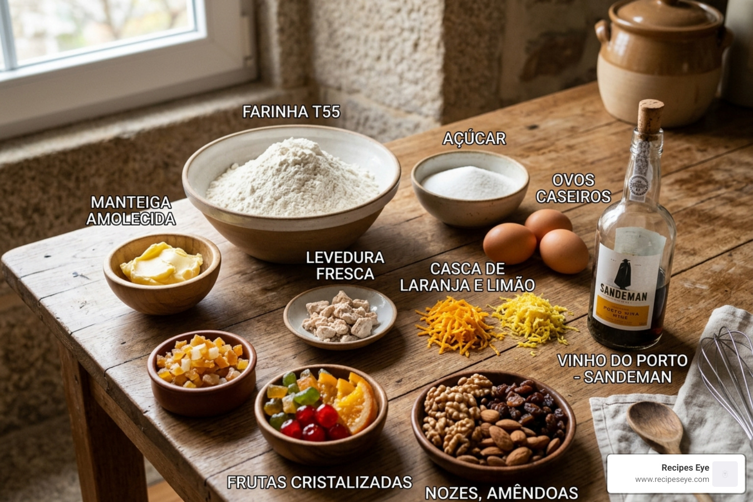 ingredientes organizados para a massa do bolo rei - a melhor receita de bolo rei caseiro