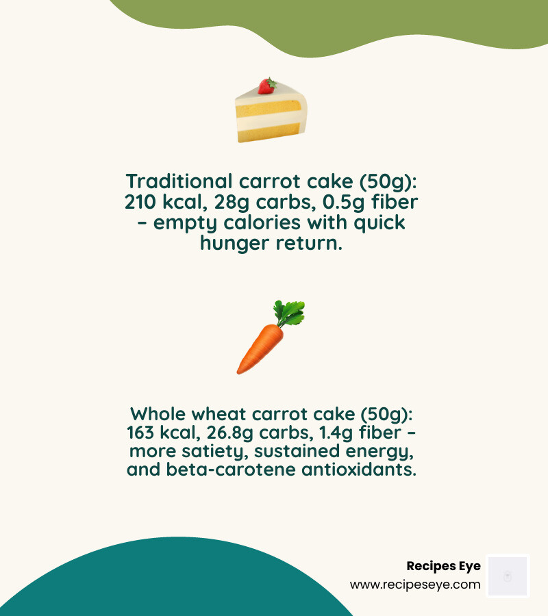 infographic comparing nutritional values of traditional vs whole wheat carrot cake per 50g serving - Bolo cenoura integral