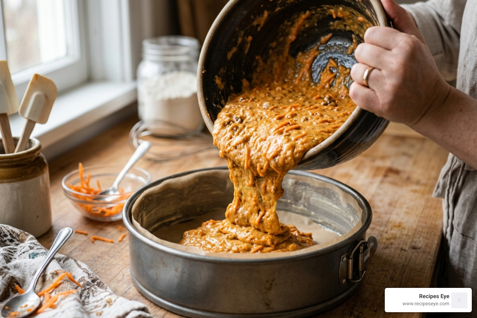 massa de bolo de cenoura integral sendo despejada em uma forma redonda - Bolo cenoura integral