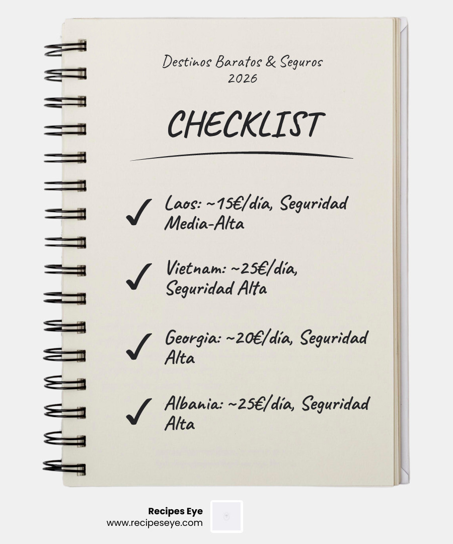 Infographic showing top budget and safe travel destinations with daily cost and safety scores for 2026 - países baratos y