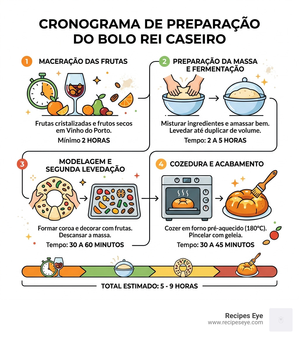 cronograma de preparação do Bolo Rei com fases de maceração, fermentação e cozedura - a melhor receita de bolo rei caseiro