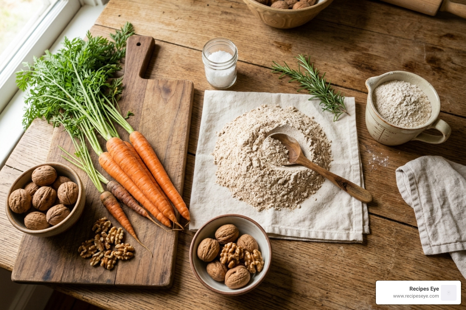 ingredientes naturais como cenouras, nozes e farinha integral dispostos em uma mesa - Bolo cenoura integral