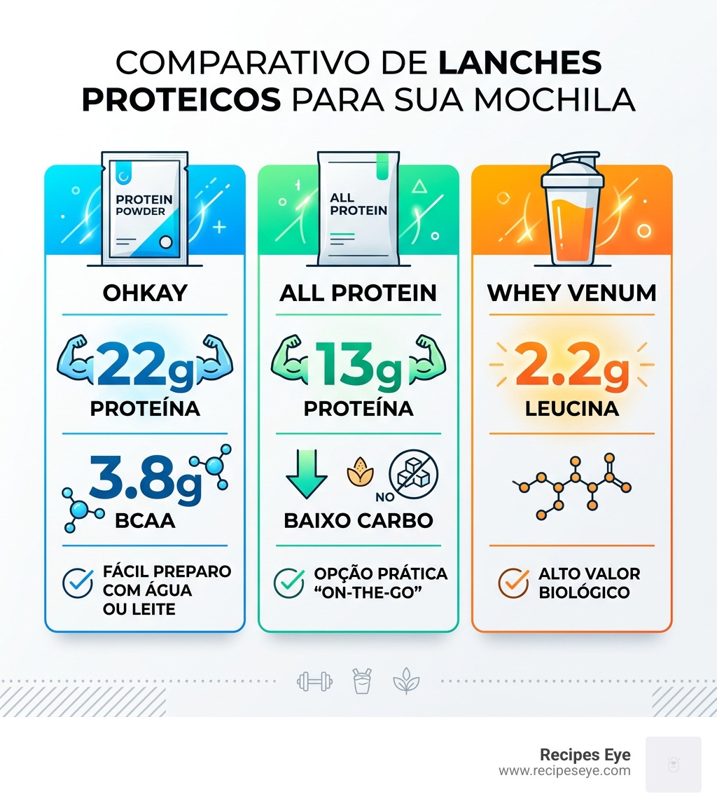Table comparing protein snacks: Ohkay (22g protein, 3.8g BCAA), All Protein (13g protein, low carb), Whey Venum (2.2g
