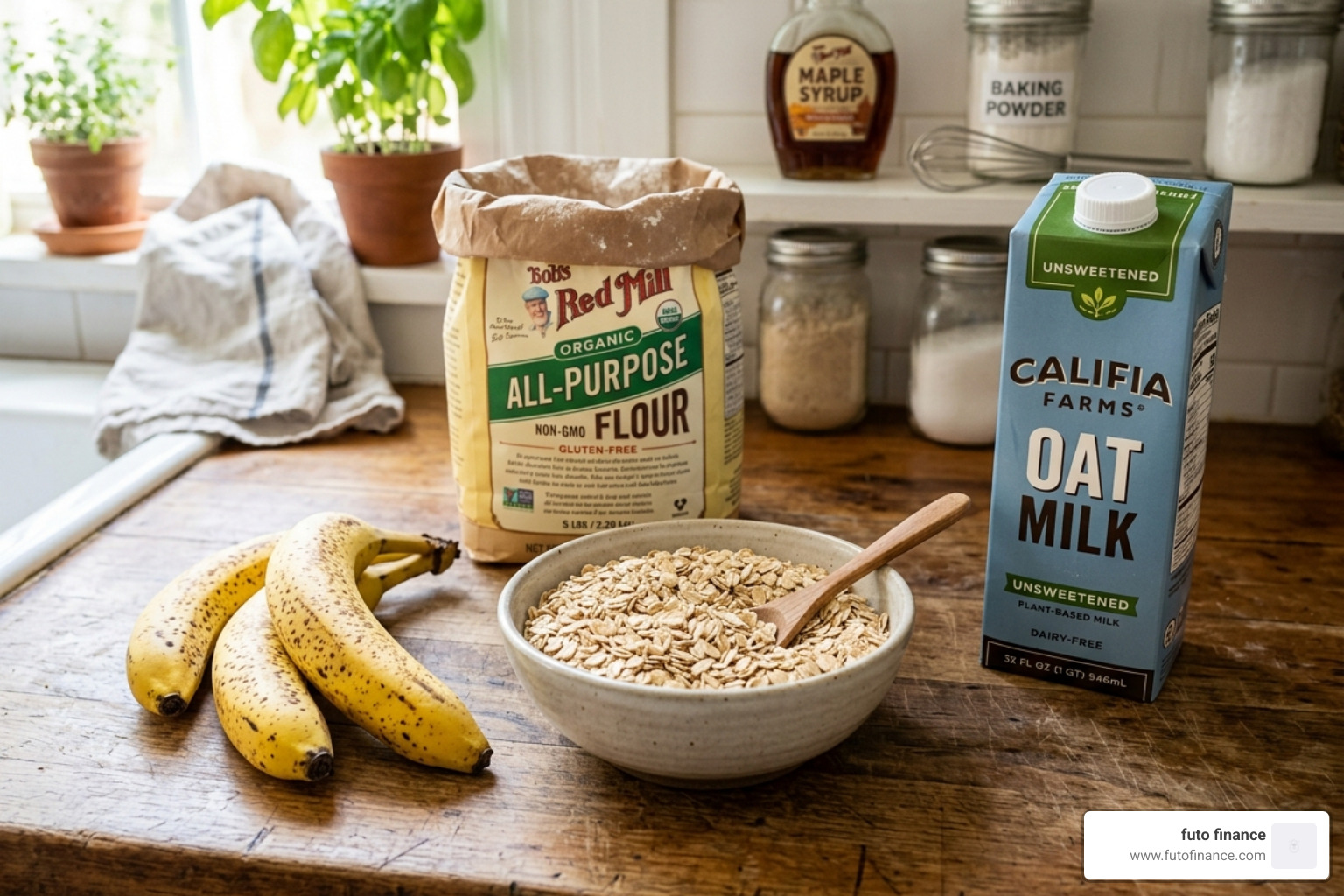 Pantry staples for vegan pancakes: oats, bananas, plant milk, and flour - pancakes vegan healthy