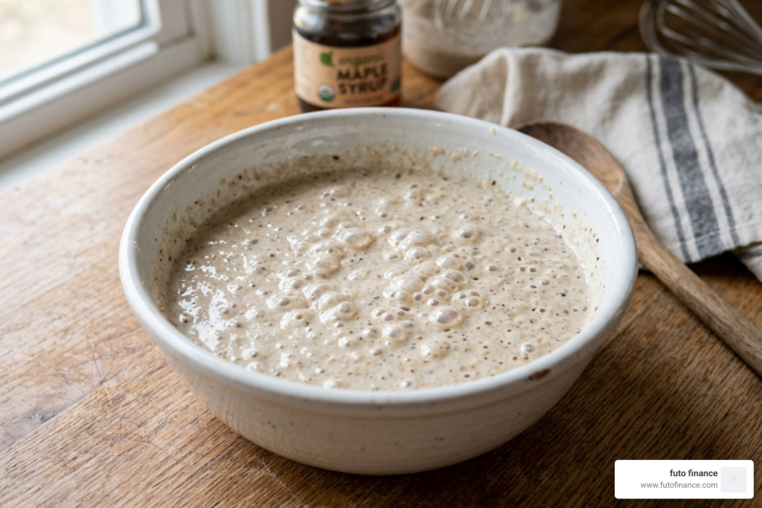 Vegan pancake batter resting in a bowl to activate leavening agents - pancakes vegan healthy