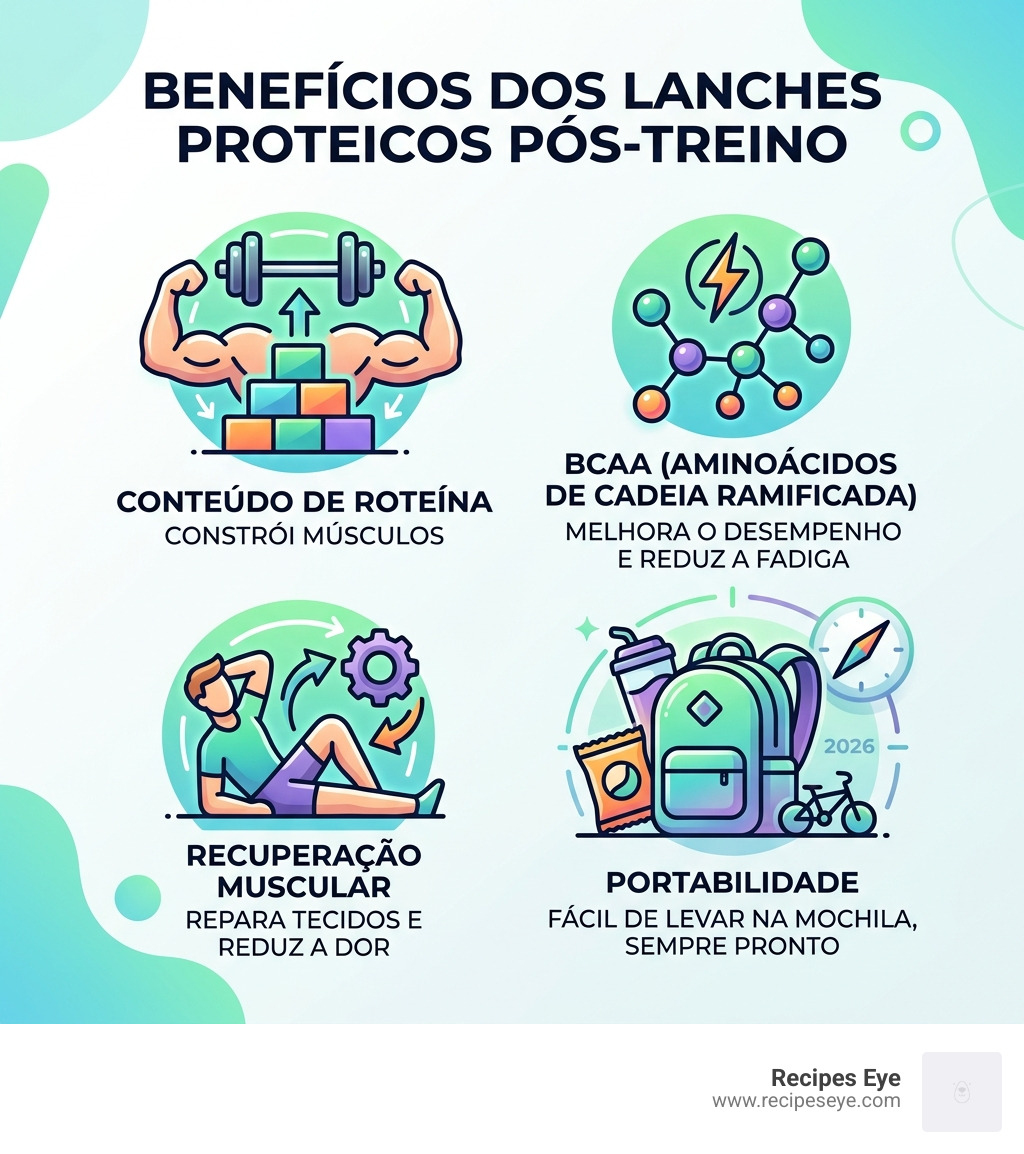 Benefits of post-workout protein snacks infographic: protein content, BCAA, recovery, portability - lanches proteicos