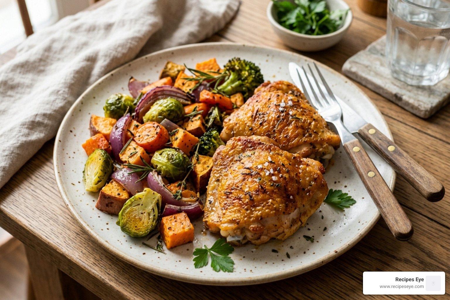 golden air fryer chicken thighs with roasted vegetables - receitas do dia a dia