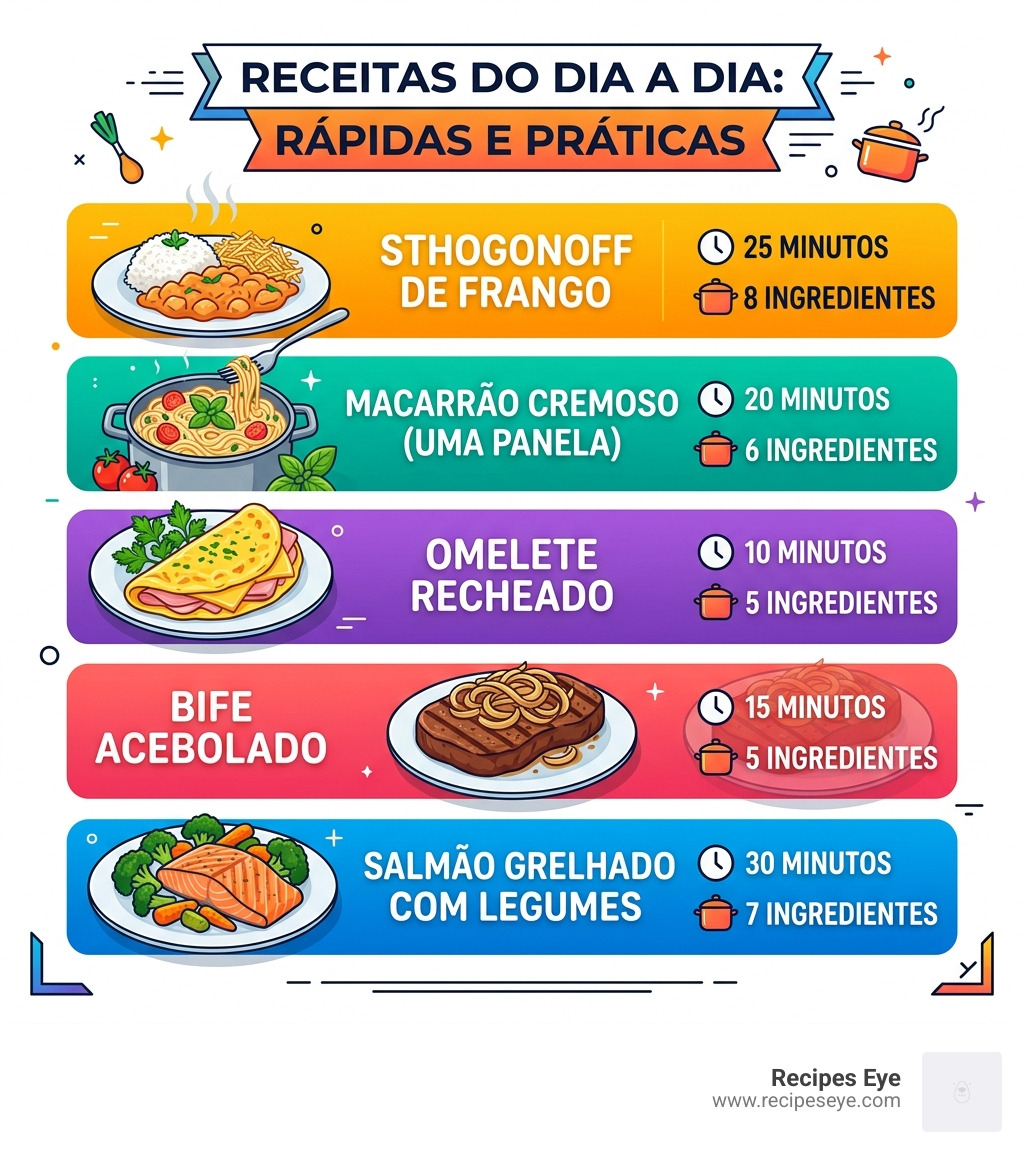Infographic showing 5 quick daily recipes with prep times under 30 minutes and ingredient counts - receitas do dia a dia