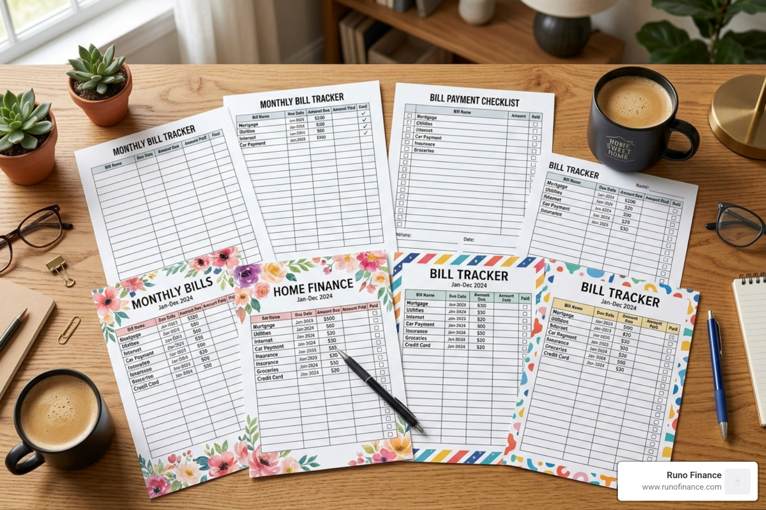 A collection of minimalist, floral, and colorful bill tracker templates spread out on a desk - monthly bill tracker printable