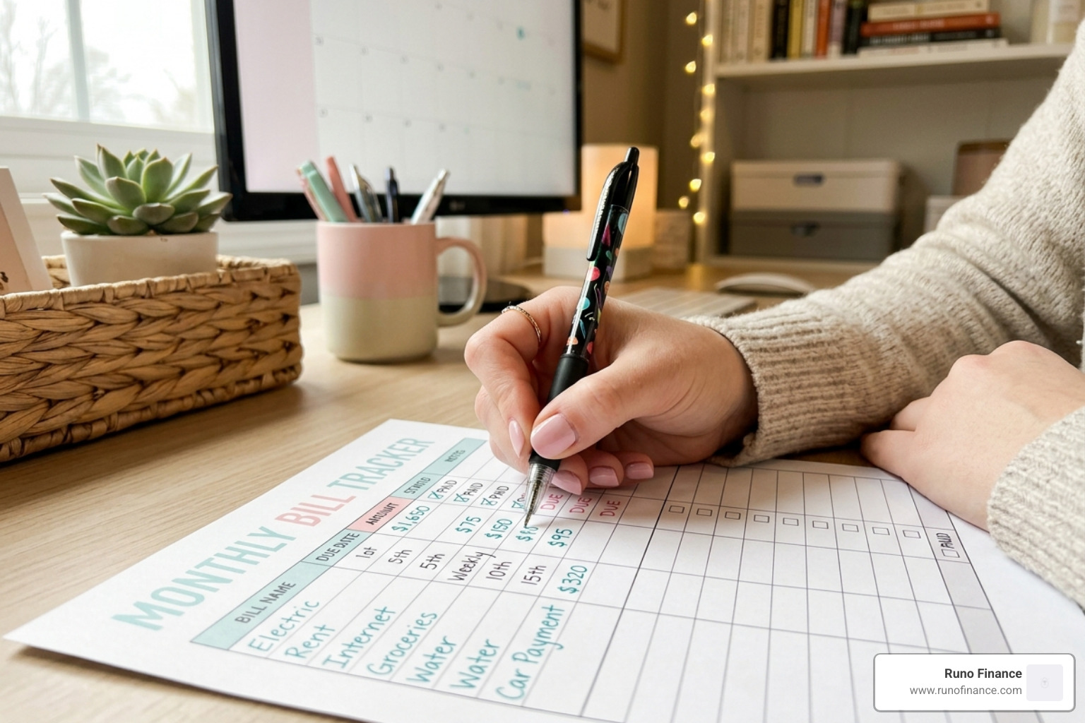 A hand using a colorful gel pen to fill out a monthly bill tracker printable - monthly bill tracker printable