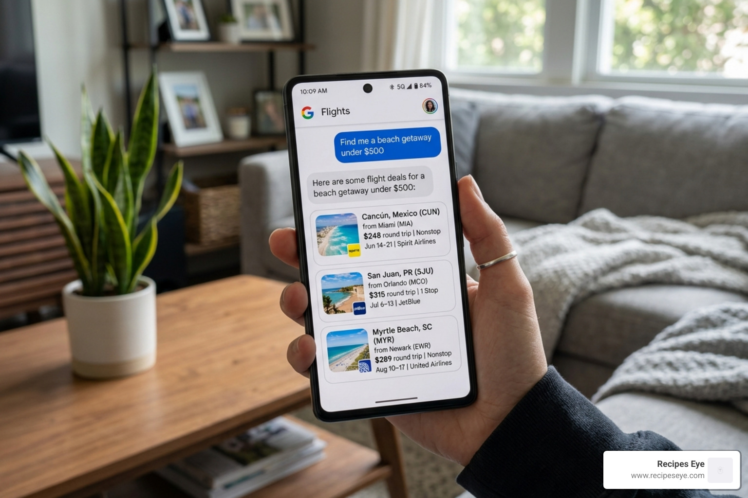 AI conversational search interface for flight deals - google flights app