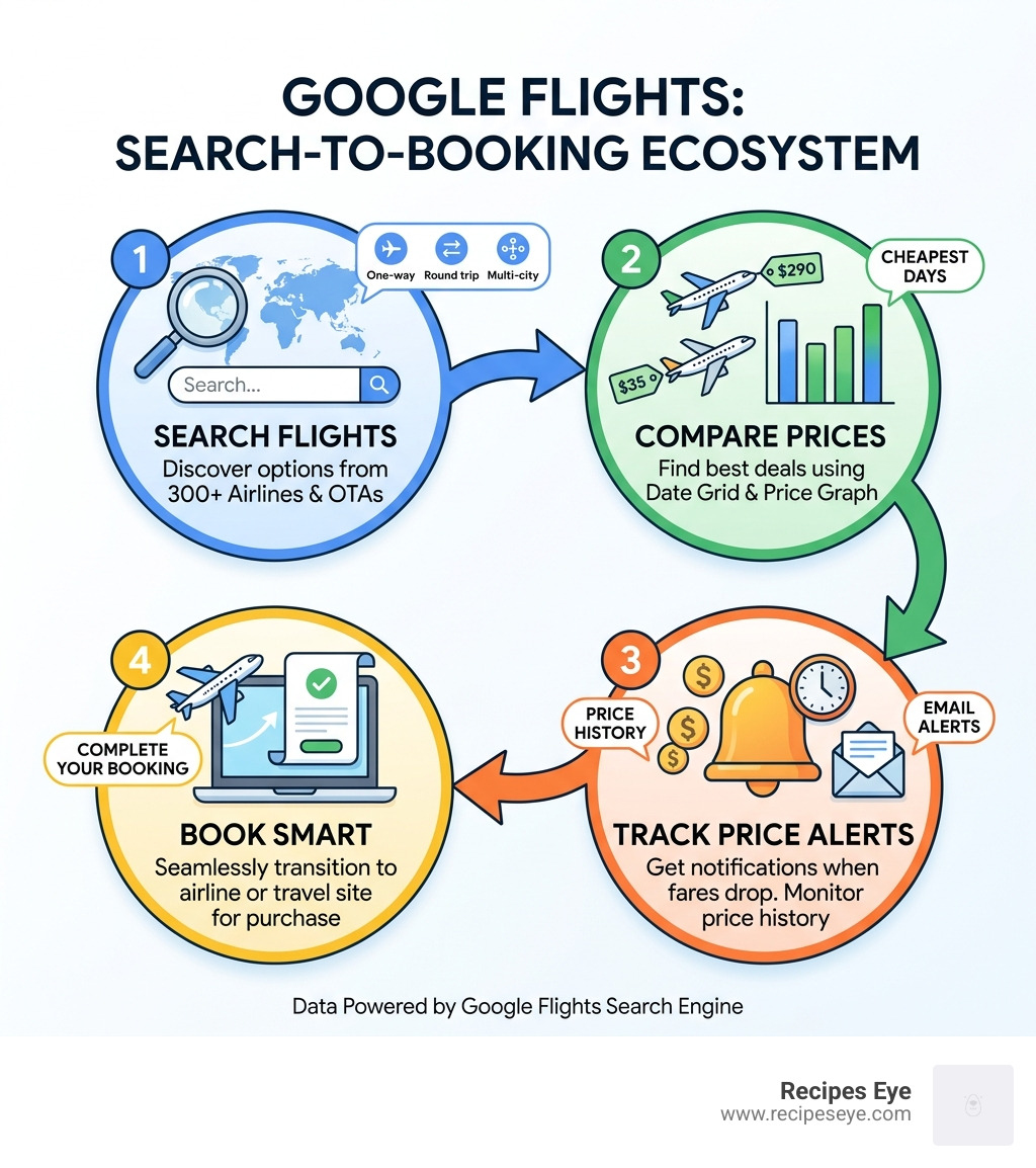 Google Flights search-to-booking ecosystem infographic showing search, compare, track, and book steps - google flights app