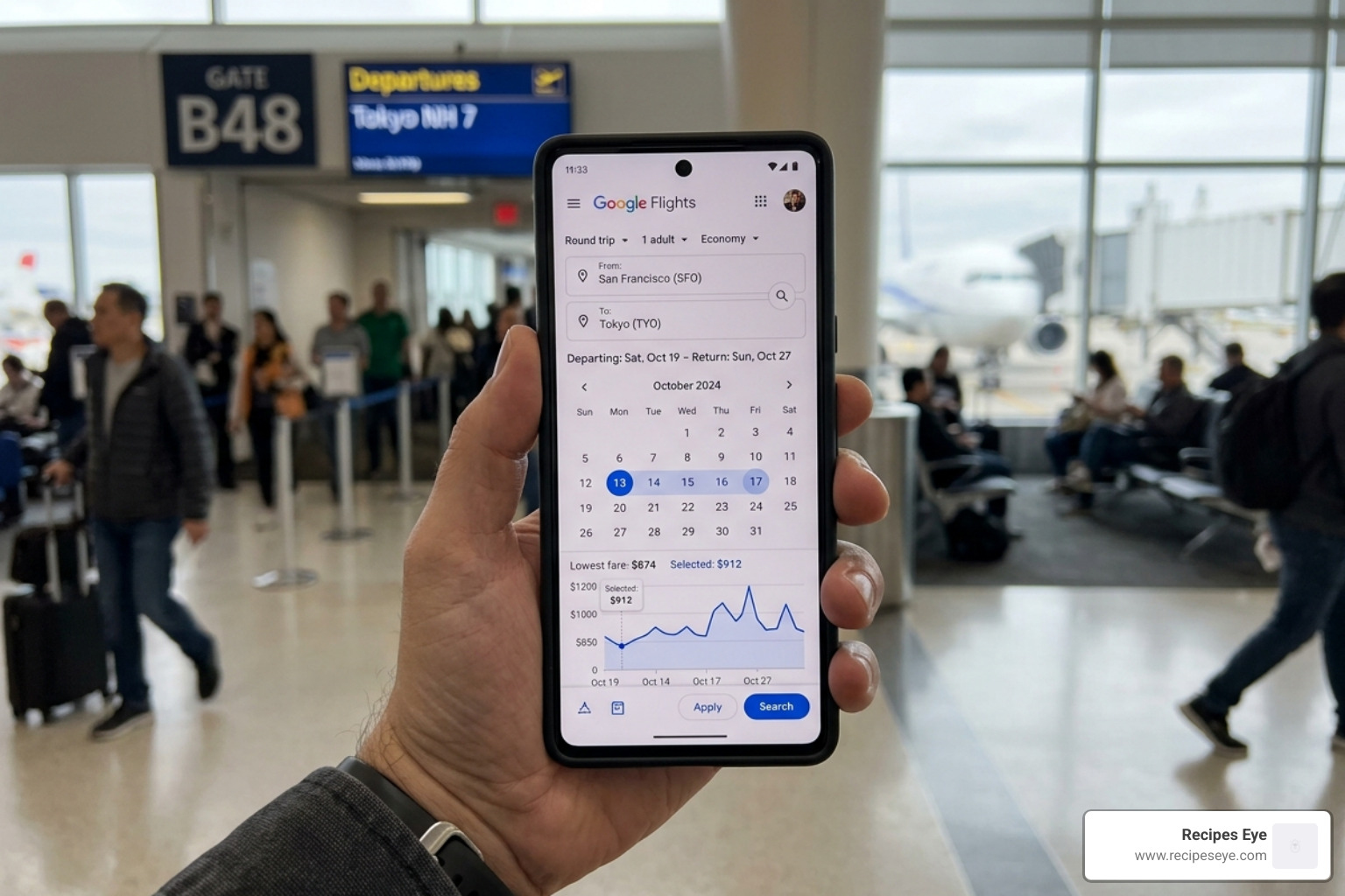 Google Flights search dashboard on a mobile device - google flights app