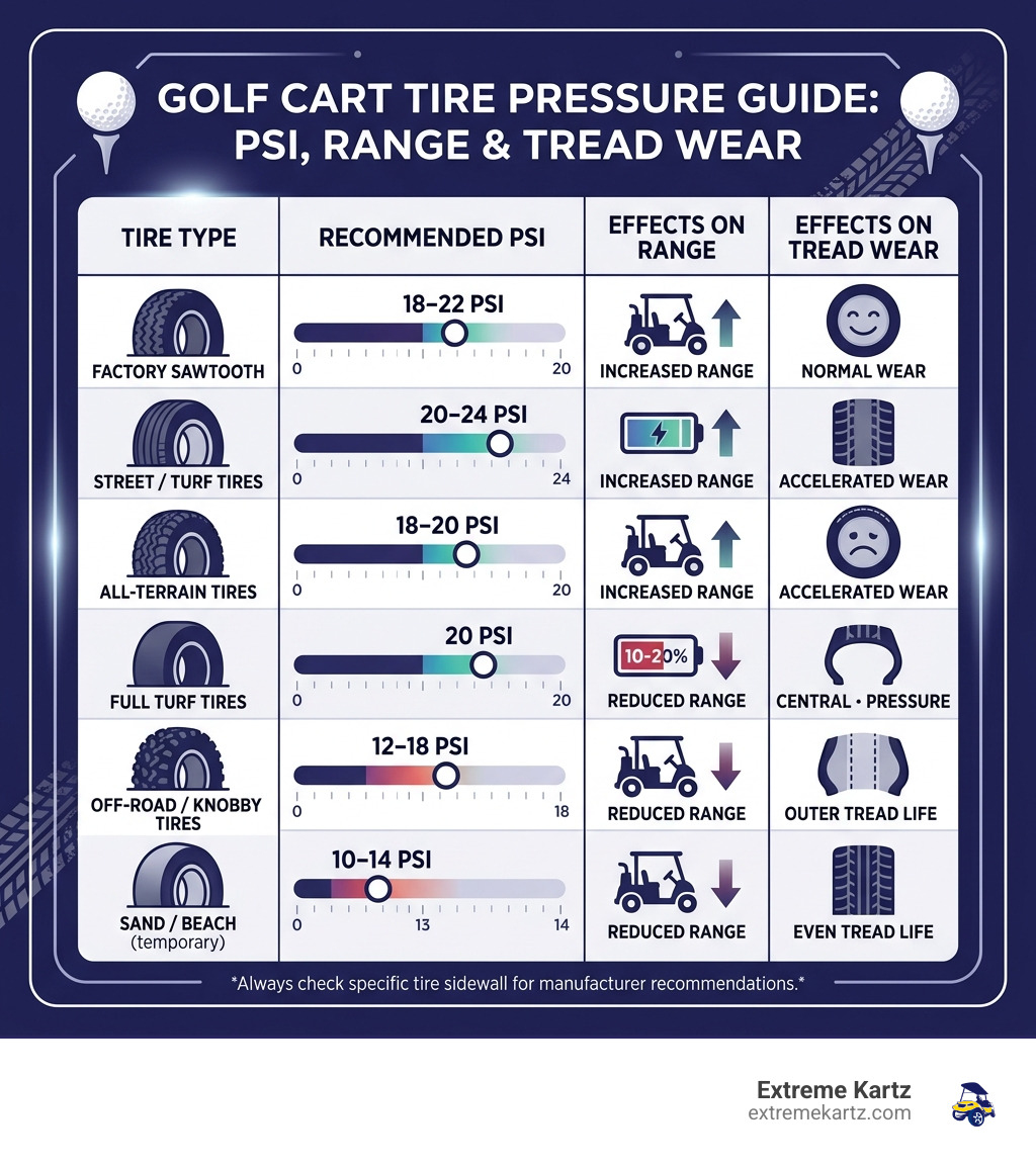 Golf cart tire pressure PSI chart showing tire types, recommended ranges, and effects on range and tread wear - Golf cart Golf cart tire pressure PSI chart showing tire types, recommended ranges, and effects on range and tread wear - Golf cart