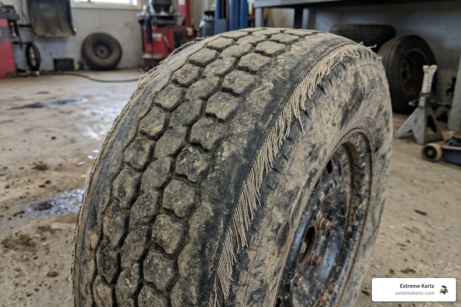 Close-up of golf cart tire tread showing uneven wear patterns from improper inflation - Golf cart tire pressure Close-up of golf cart tire tread showing uneven wear patterns from improper inflation - Golf cart tire pressure